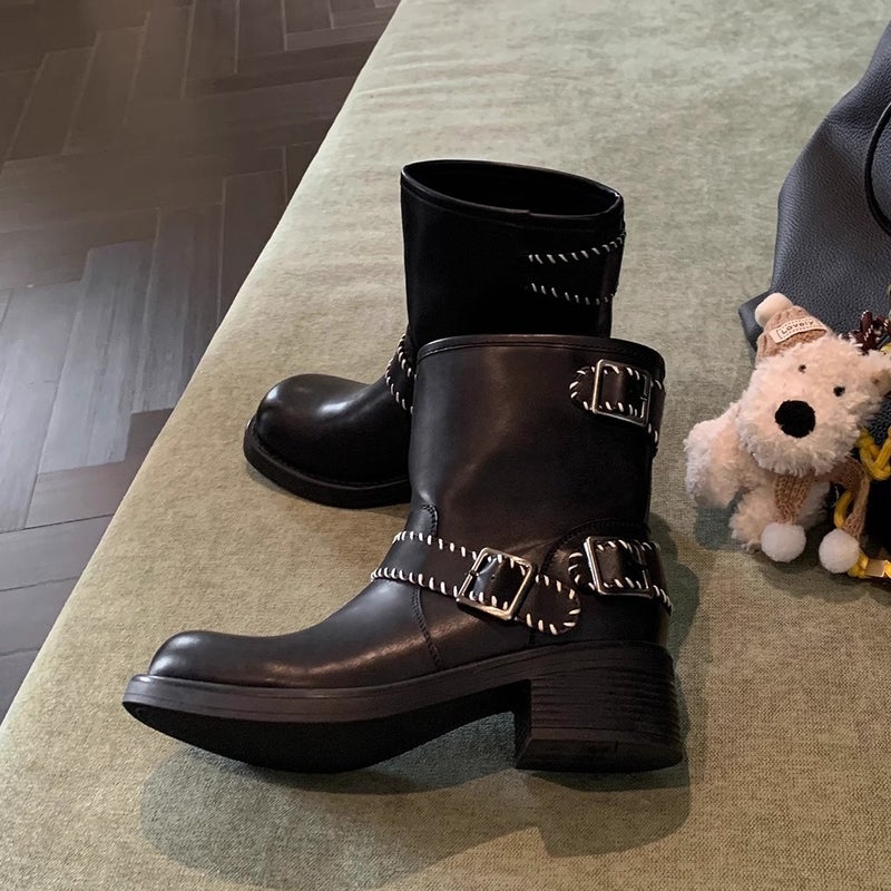 Cowhide Version~ Vintage Distressed Short Boots Genuine Leather Western Cowboy Boots Riding Martin Boots With Leather Buckle And Chunky Heel - Image 2